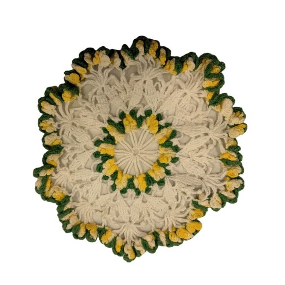 Hand Crocheted Doily Round White Green Yellow Grannycore Vintage 9 inch - Picture 5 of 5